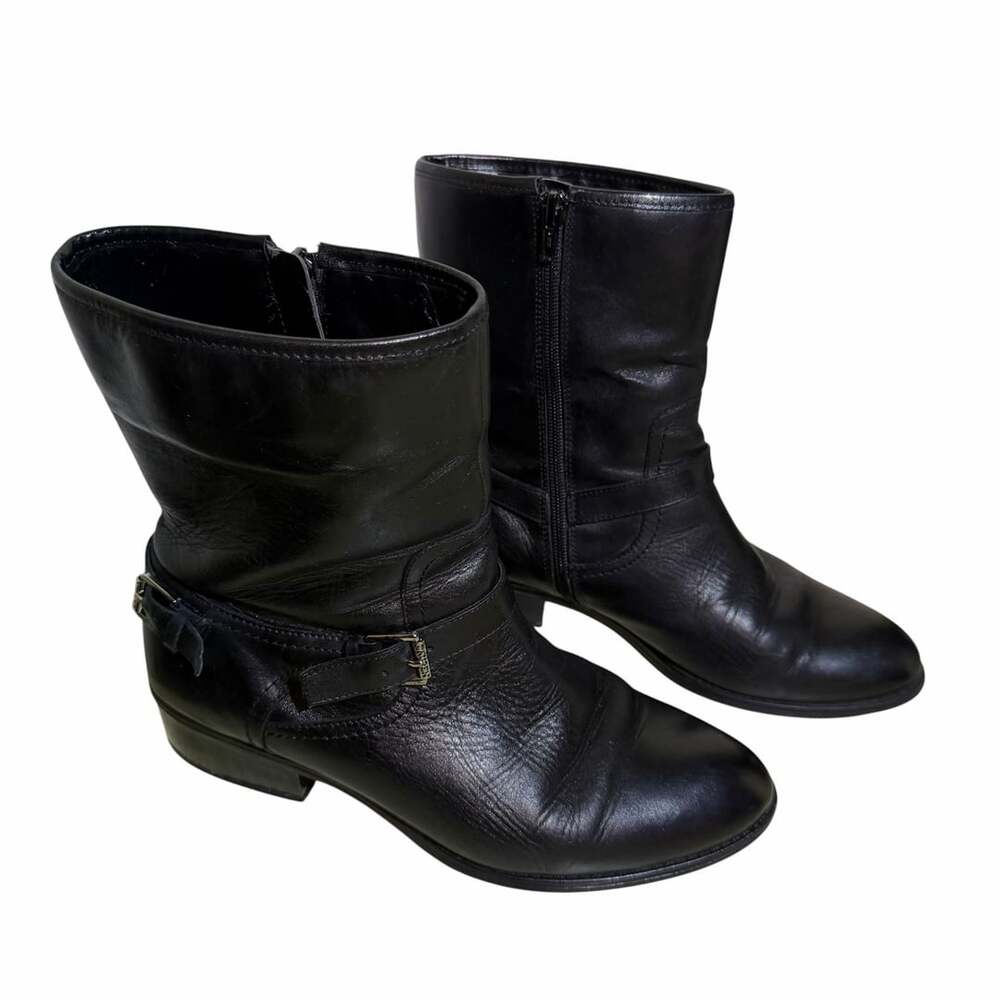 Lauren Ralph Lauren Black Leather Mid-Calf Moto Boots with Buckle Strap